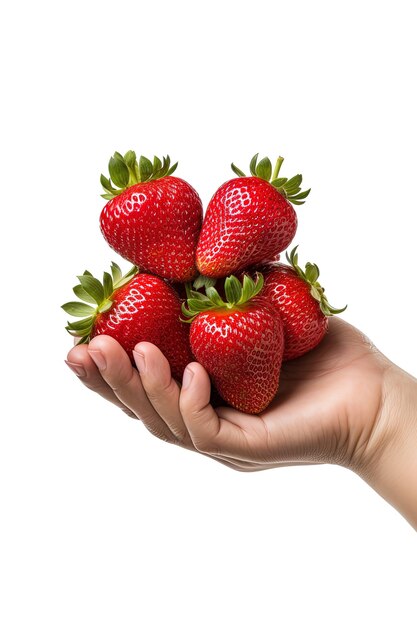La main tenant des fraises fraîches isolées sur un fond blanc