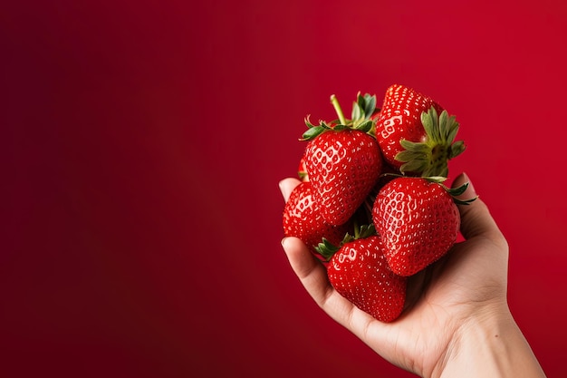 Main tenant des fraises fraîches isolées sur un fond rouge avec espace de copie
