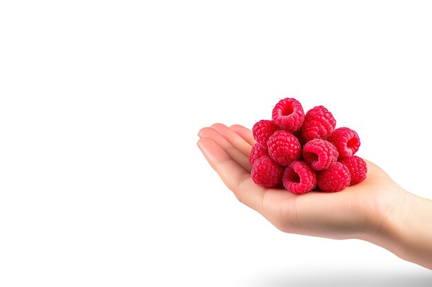 Main tenant des framboises isolées sur fond blanc avec espace de copie