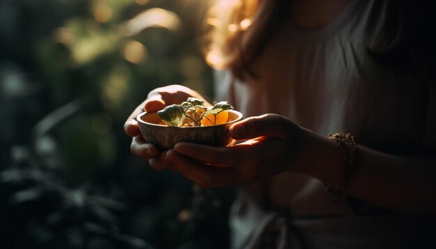 Photo main tenant des fruits biologiques frais profitant de la beauté de la nature générée par l'ia