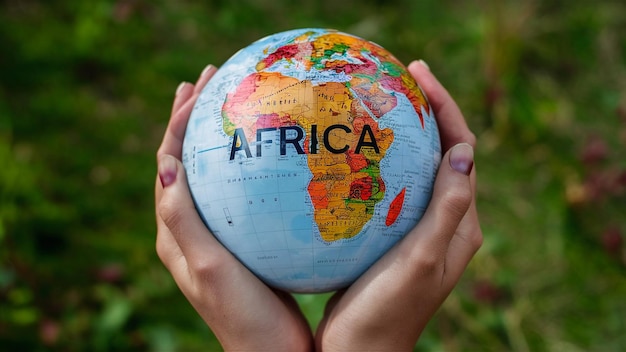 une main tenant un globe avec le mot Afrique dessus