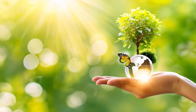 Photo une main tenant un globe avec un papillon dessus et un arbre