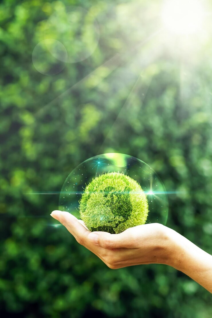 Main tenant un globe terrestre d'herbe verte en bulle avec réflexion lumineuse lumière de fusée sur fond naturel pour le concept d'entreprise de gestion de l'environnement de la journée du globe amicalBannerCopy spaceVertical