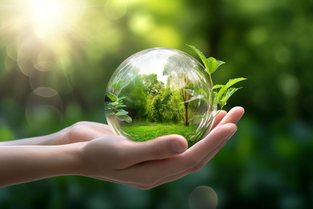 Une main tenant un globe de verre avec une forêt à l'intérieur.