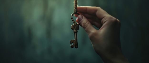Une main tenant gracieusement une clé antique sur un fond vert flou symbolisant l'opportunité et la découverte