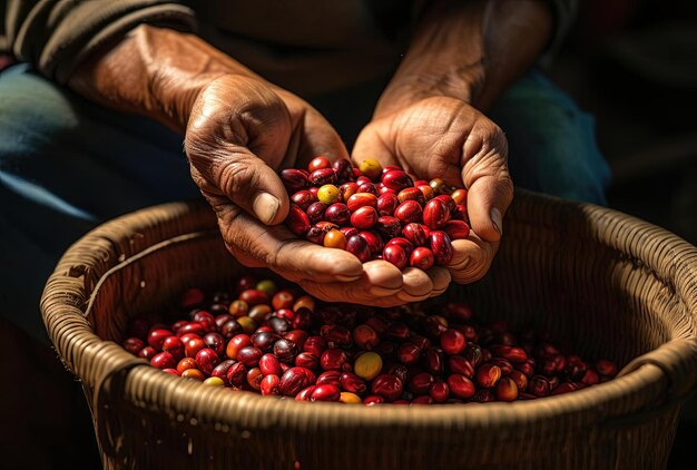 une main tenant des grains de café dans des paniers dans le style du cramoisi clair et de l'ambre foncé