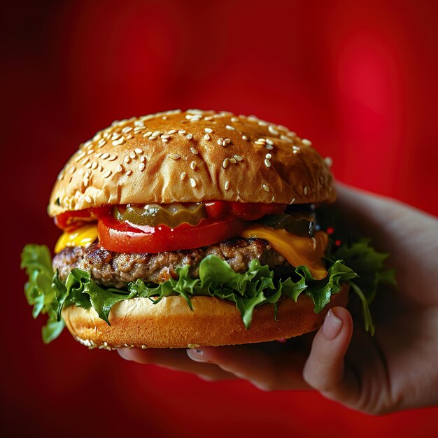 Photo la main tenant un hamburger sur un fond rouge chaud manger et un concept alimentaire de restaurant sain