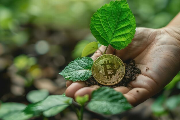 Une main tenant un jeune arbre qui pousse à partir d'un Bitcoin