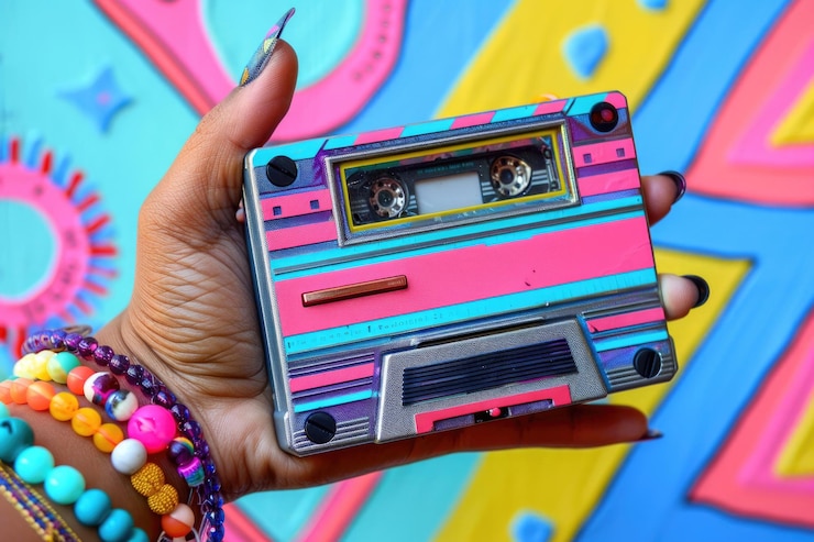 Photo une main tenant un lecteur de cassettes vintage sur une toile de fond vibrante des années 90