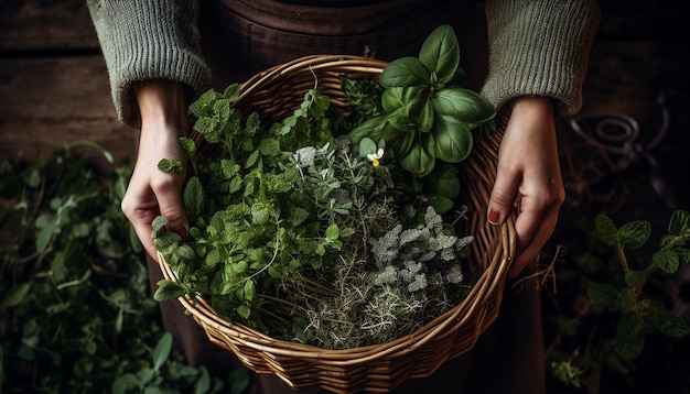 Main tenant des légumes biologiques frais de la récolte du jardin générés par l'IA