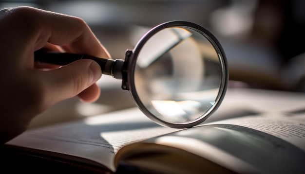 Photo main tenant une loupe examinant un livre étroitement généré par l'ia