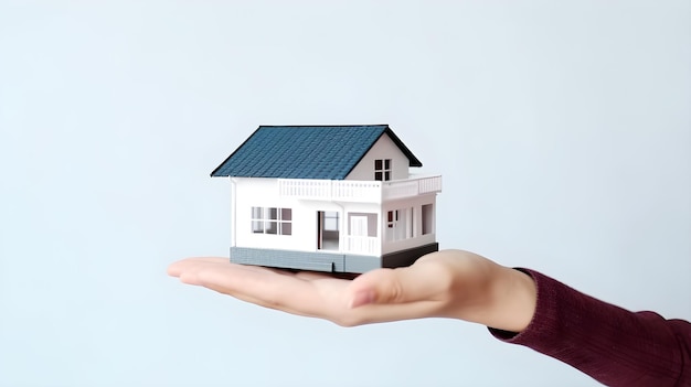 Une main tenant une maison avec un fond bleu