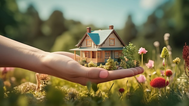 La main tenant une maison sur le fond d'un paysage d'été Idéal pour la publicité de maisons privées