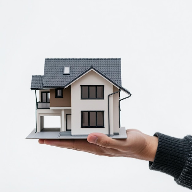 une main tenant une maison modèle avec une maison sur le dessus