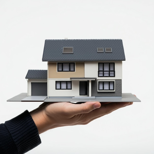 une main tenant une maison modèle qui a une maison sur le dessus