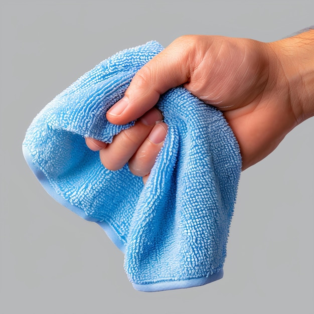 Une main tenant une microfibre bleue
