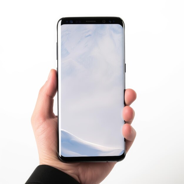 Photo main tenant le modèle de maquette de smartphone téléphone portable appareil vertical application d'écran de téléphone