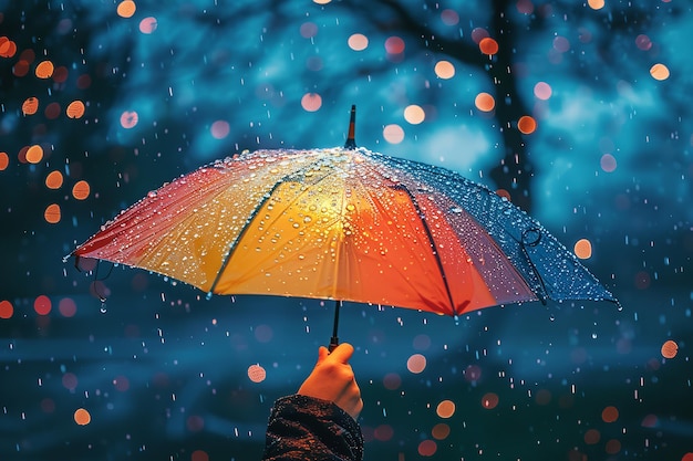 Une main tenant un parapluie multicolore sous un ciel pluvieux avec un environnement sombre et un grand espace pour le texte ou le produit IA générative