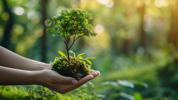 Une main tenant un petit arbre aux feuilles vertes l'arbre pousse d'une poignée de terre le fond est flou et vert