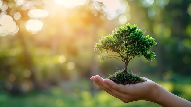 La main tenant un petit arbre aux racines contre un lever d'or dans une forêt