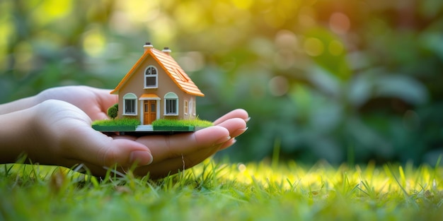 Main tenant une petite maison modèle avec un champ vert flou