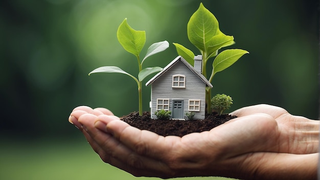 Une main tenant une petite maison et une plante poussant dans la terre à côté