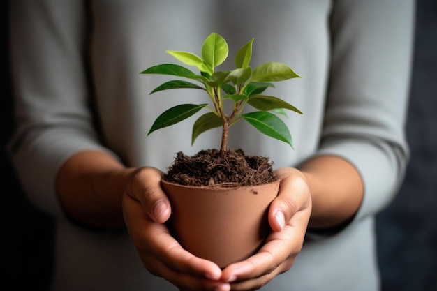 Une main tenant une petite plante en pot Concept de plantes en croissance dans la jungle urbaine à la maison Illustration générative de l'IA