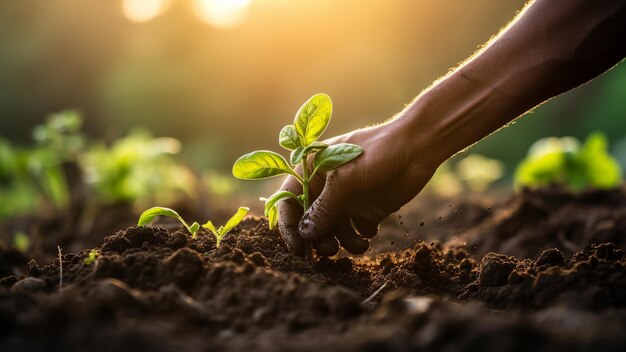 une main tenant une plante dans un jardin