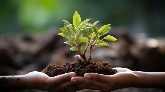 Une main tenant une plante verte avec un fond de forêt flou en croissance