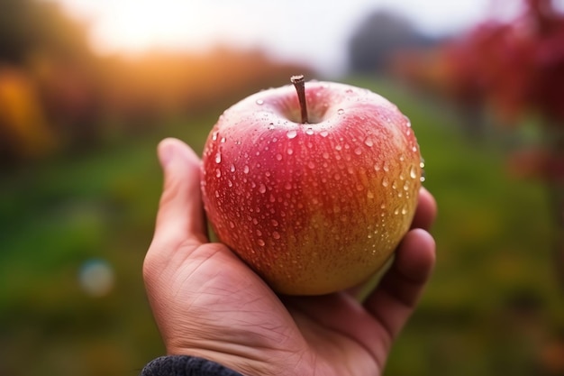 Une main tenant une pomme mûre fraîche