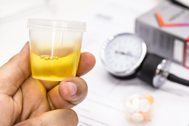 Main tenant un pot d'urine ou une bouteille délivrant de l'urine pour un examen médical pour le diagnostic d'hypertension