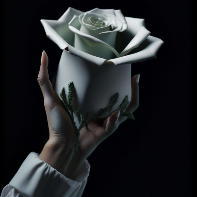 Une main tenant une rose blanche faite par une femme.