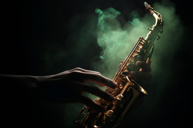 Une main tenant un saxophone devant un fond sombre