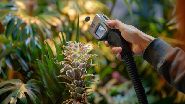 Une main tenant un scanner portable qui capture parfaitement les motifs complexes d'une plante ou d'une fleur