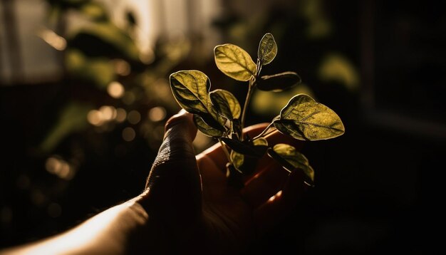 Photo main tenant un semis vert frais symbolisant une nouvelle vie et une croissance générée par l'ia