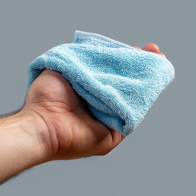 Une main tenant une serviette en microfibres bleues sur un fond gris avec une main tenant une microfibre bleue
