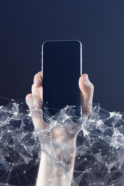 Une main tenant un smartphone abstrait avec des lignes de connexion