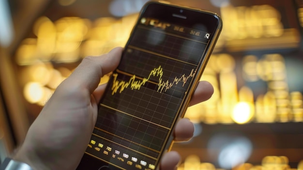 Photo la main tenant un smartphone affichant un graphique linéaire illustrant les changements dans les prix de l'or au fil du temps