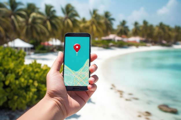 Main tenant un smartphone avec application de navigation GPS avec icône d'épingle de localisation sur la plage des îles Maldives AI