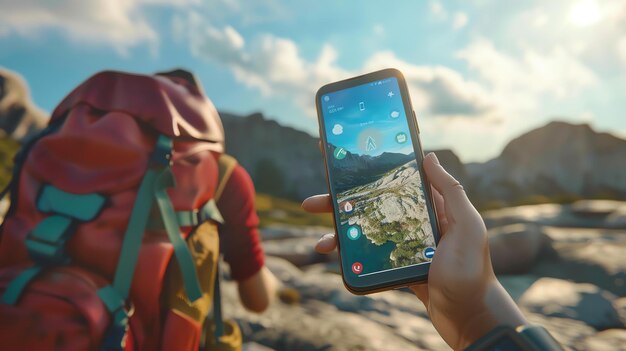 Une main tenant un smartphone avec un beau paysage de montagnes et un lac sur l'écran