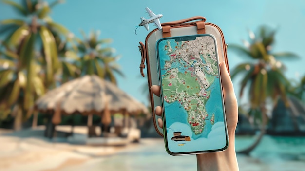 Photo une main tenant un smartphone avec une carte du monde sur l'écran le téléphone est devant une plage avec des palmiers et l'océan en arrière-plan