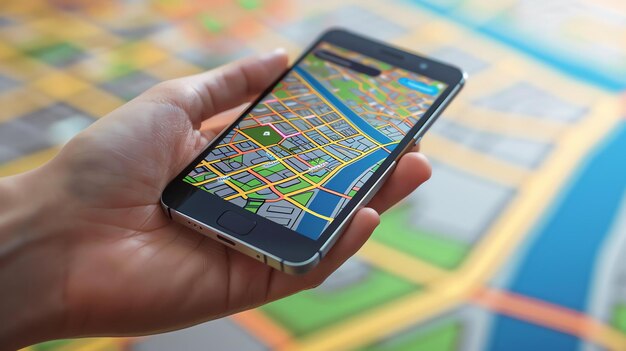 Une main tenant un smartphone avec une carte de la ville affichée sur l'écran La carte montre l'emplacement de l'utilisateur et les rues voisines