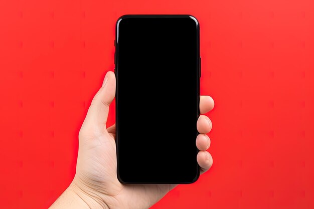Main tenant un smartphone avec un écran blanc noir isolé sur fond rouge