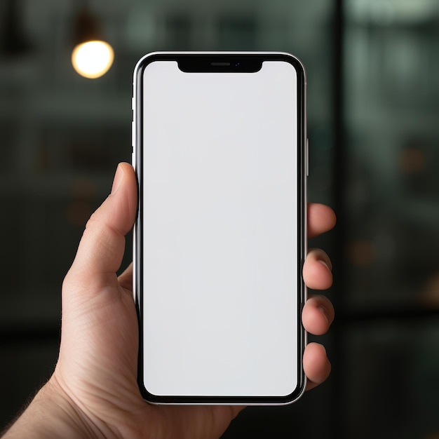 Photo main tenant le smartphone à écran blanc