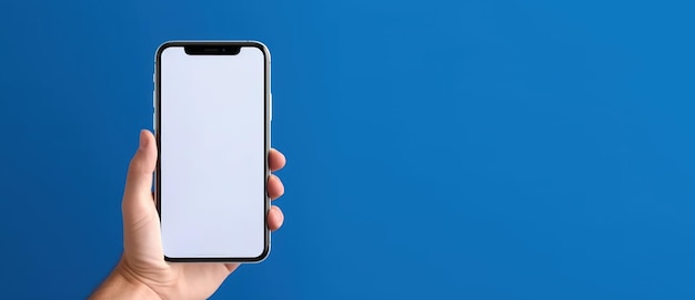 Main tenant un smartphone isolé sur fond bleu IA générative