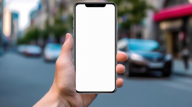 Main tenant un smartphone avec maquette d'écran blanc sur fond de ville Generative Ai