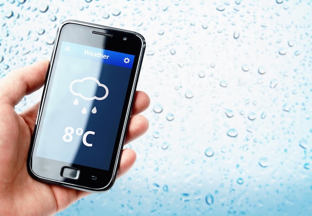 Main tenant un smartphone avec météo avec fenêtre pluvieuse