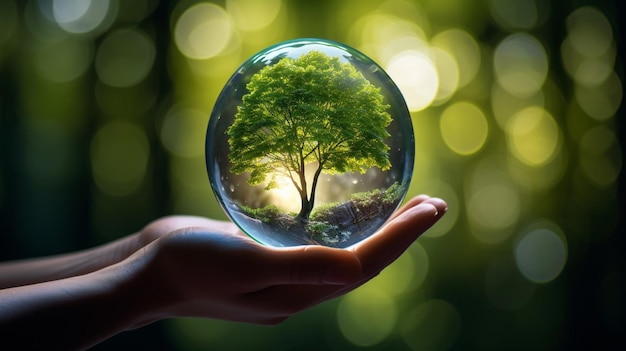 Photo main tenant une sphère de verre avec un arbre à l'intérieur du concept d'environnement naturel