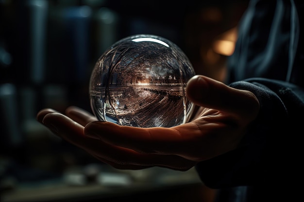 Main tenant une sphère de verre avec des éléments à l'intérieur de l'IA générative