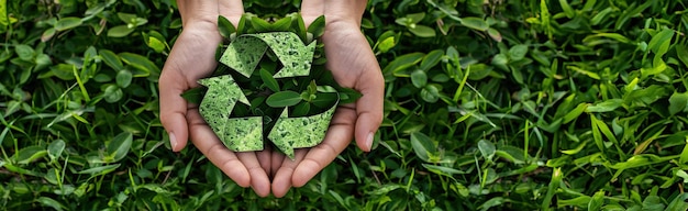 Photo la main tenant un symbole de recyclage pour le concept de durabilité environnementale